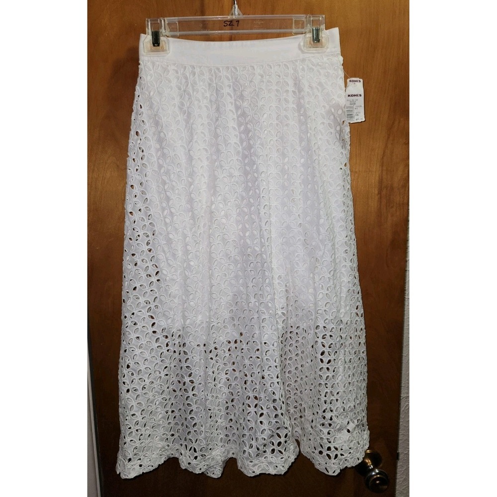 Elle‎ Skirt Womens XS~ A Line Midi Pull On Embroidered Geometric Lined White~NWT
